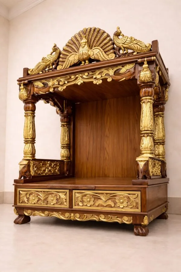 Elegant Peacock Design Mandir in Teak Wood