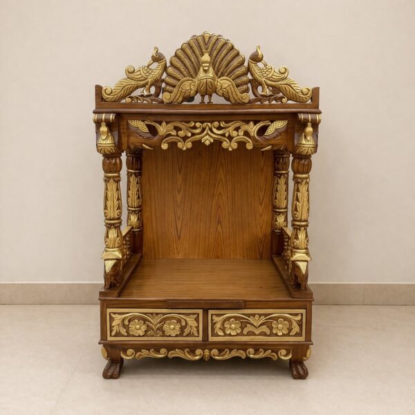 Elegant Peacock Design Mandir in Teak Wood