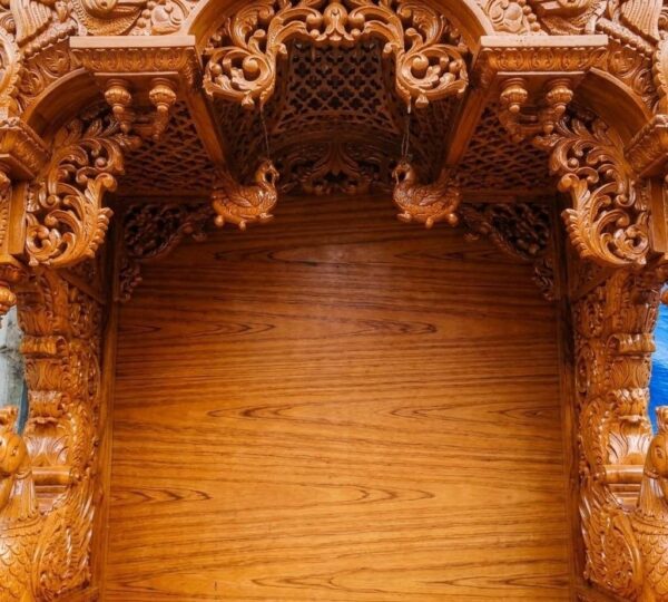 Heavily Carved Wood Temple in Home By Shalvika Living