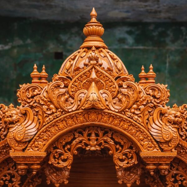 Heavily Carved Wood Temple in Home By Shalvika Living