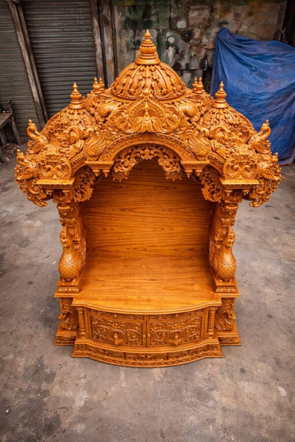 Heavily Carved Wood Temple in Home By Shalvika Living