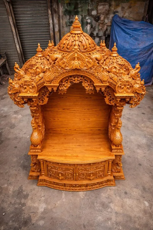 Heavily Carved Wood Temple in Home By Shalvika Living