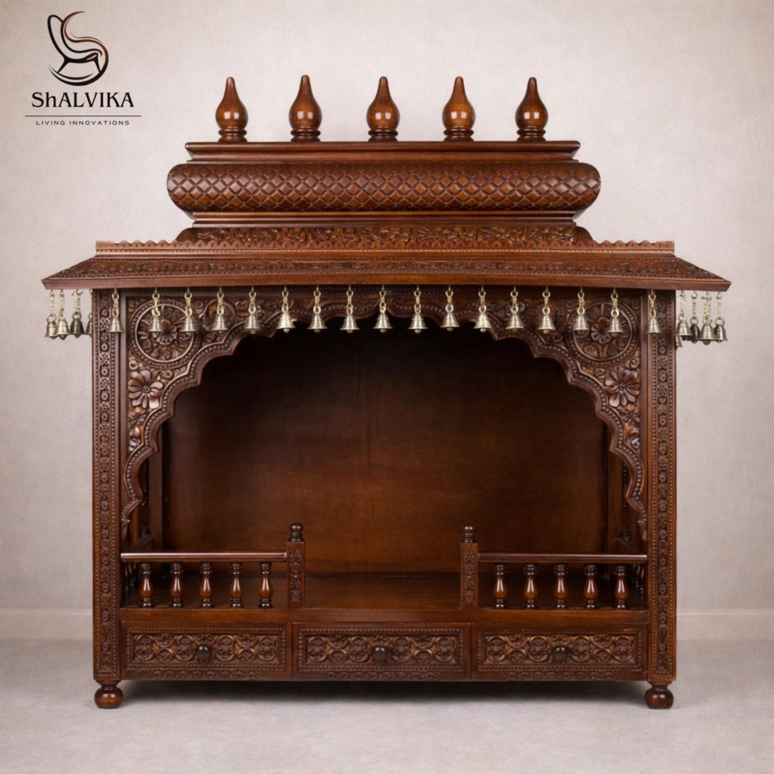 Home Wooden Mandir with Brass Bells