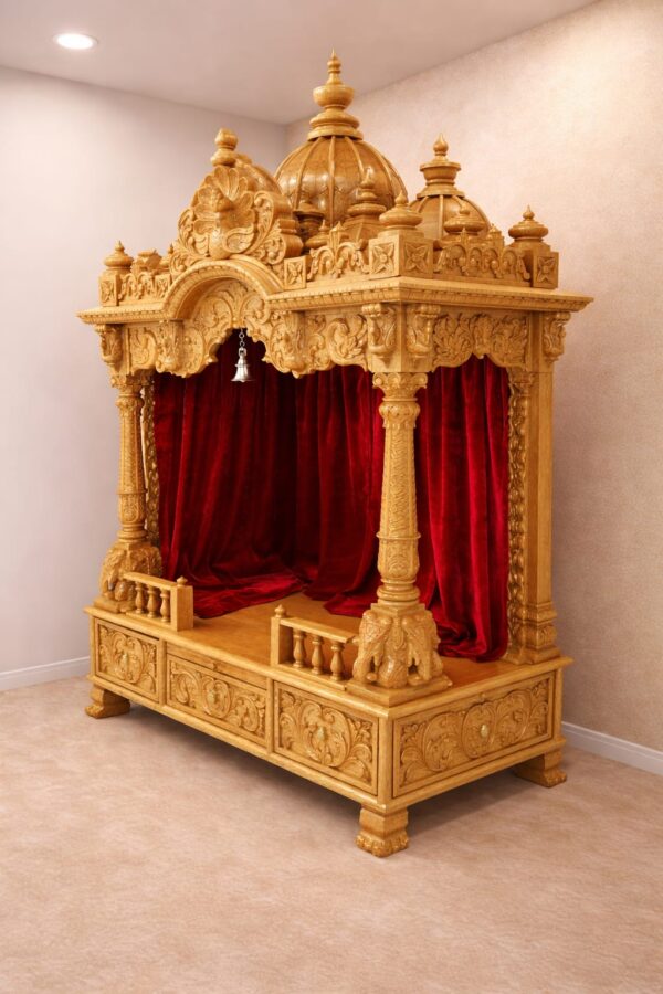 Mandir for Home Design in Teak Wood with Peacock Carving