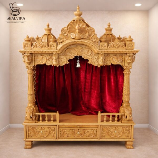Mandir for Home Design in Teak Wood with Peacock Carving