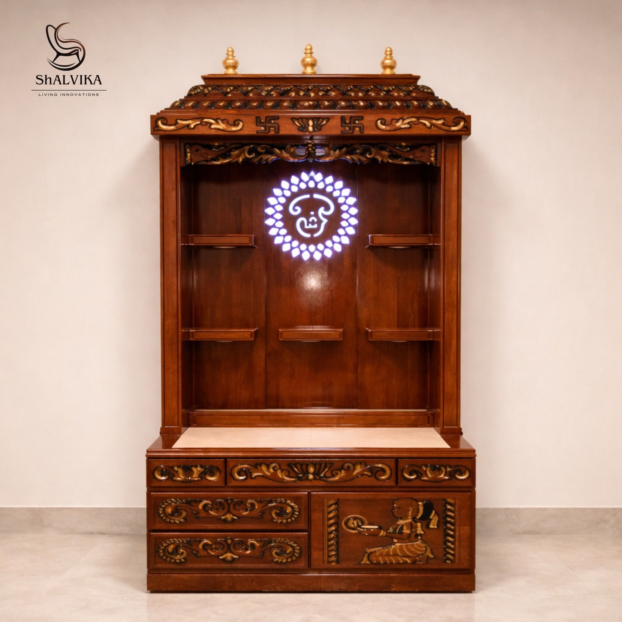 Om Design Pooja Mandir in Tamil Style – Premium Teak Wood