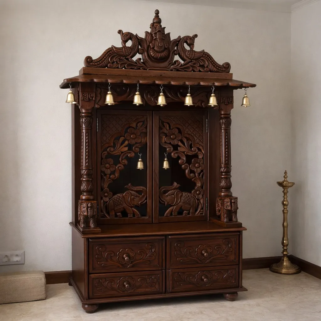 Puja Mandir with Door and Bells for Home