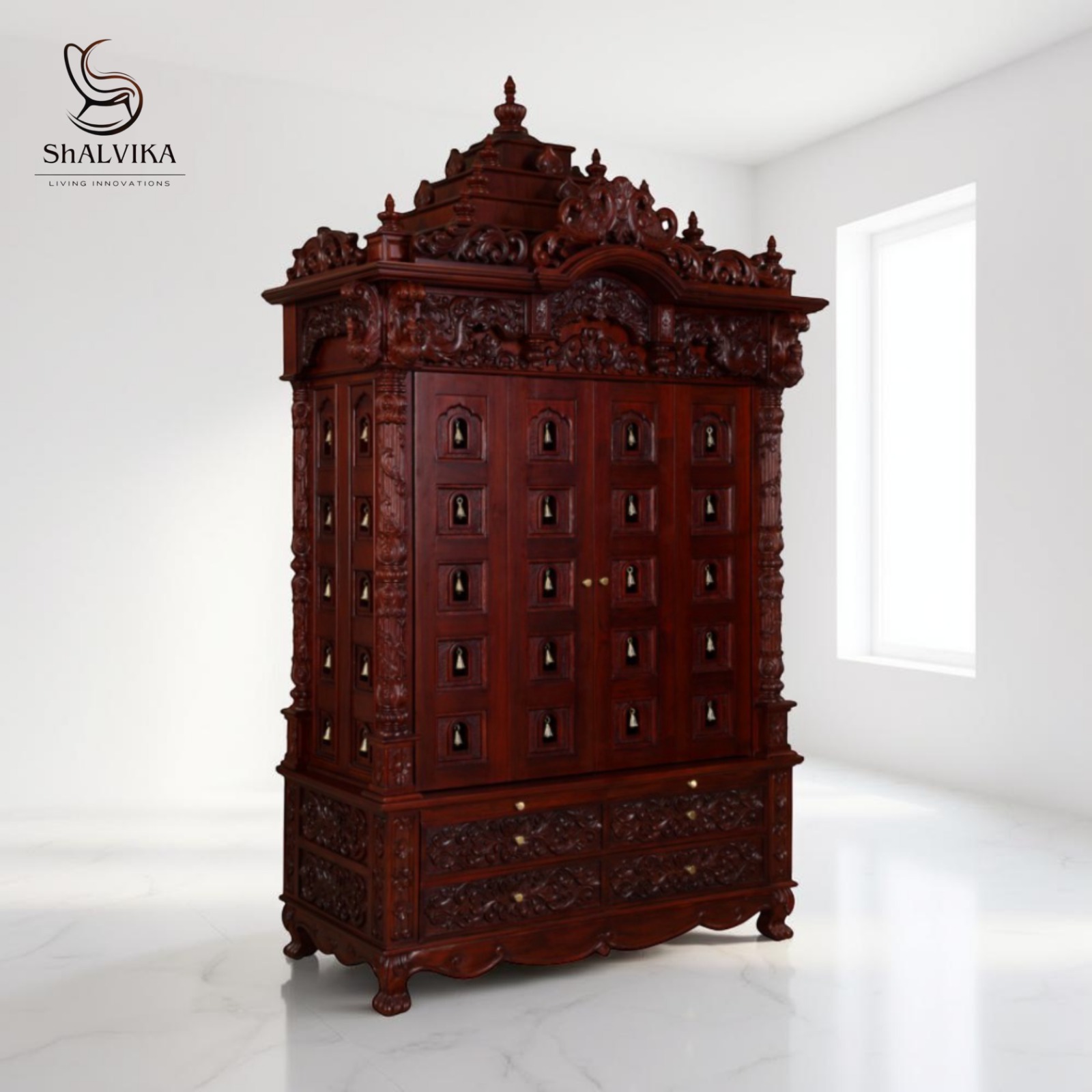 Teak Wood Mandir Home with Bells Door Design