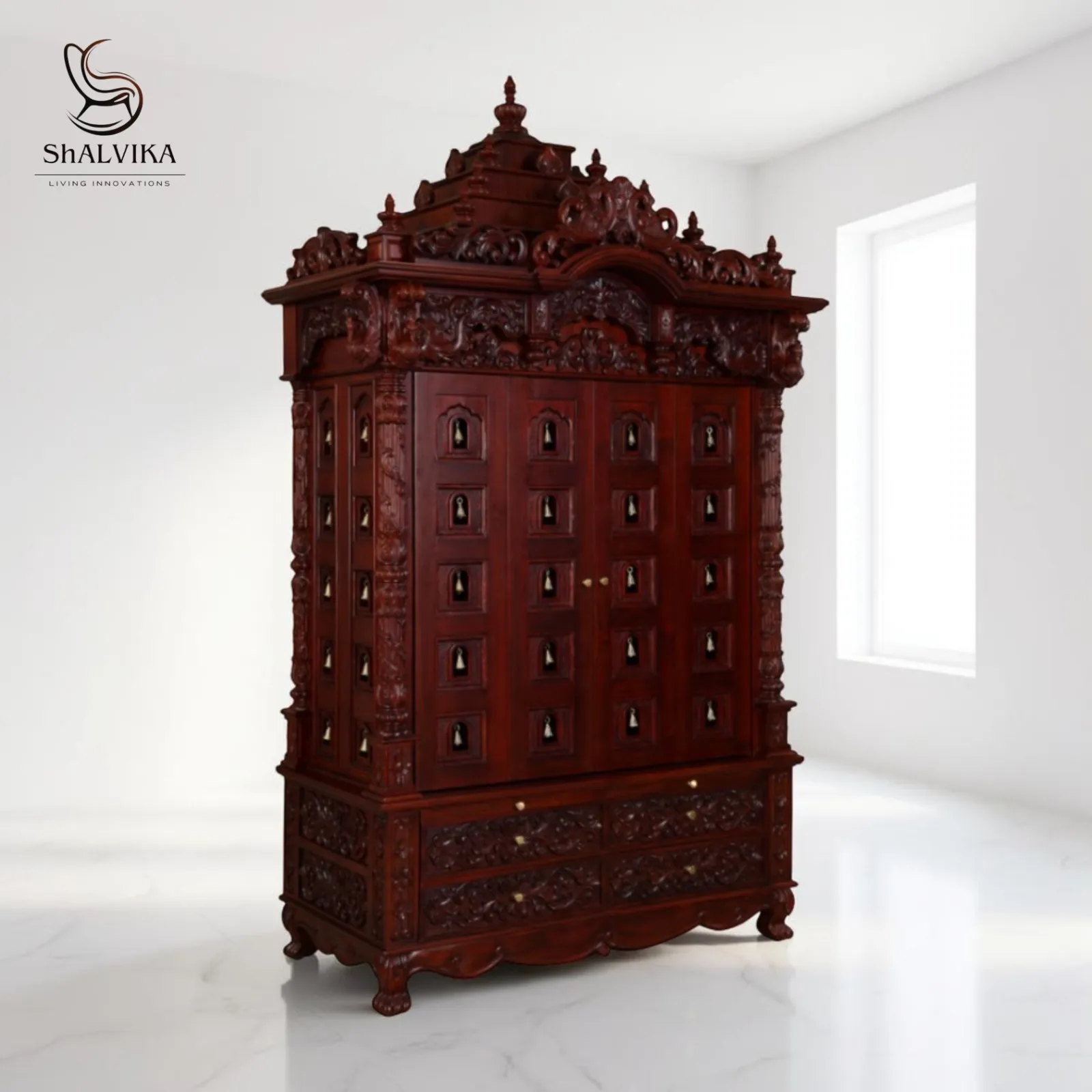 Teak Wood Mandir Home with Bells Door Design