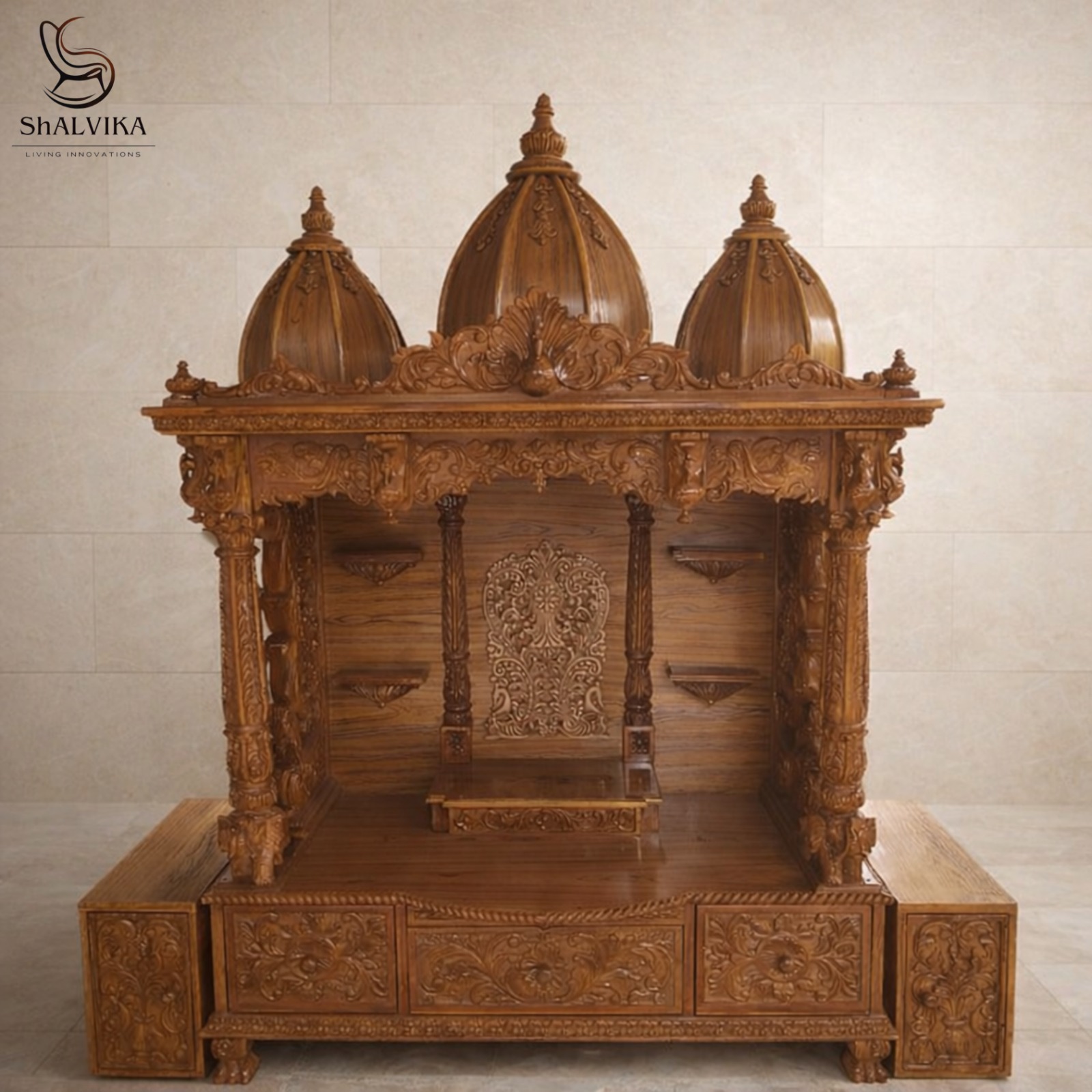 Wooden Big Size Mandir For Home Designs | Shalvika Living Innovations