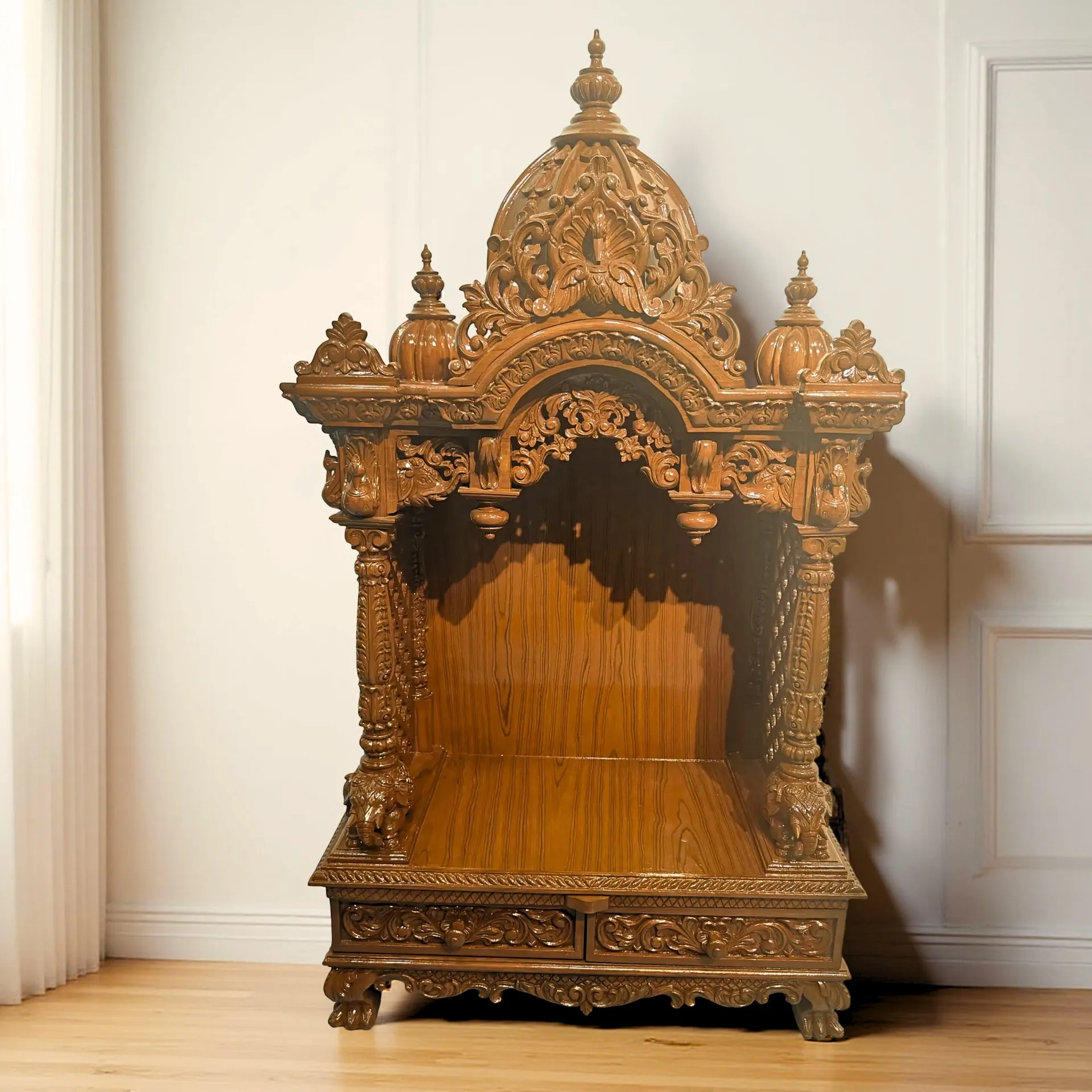 Wooden Home Puja Mandir Design in Teak Wood