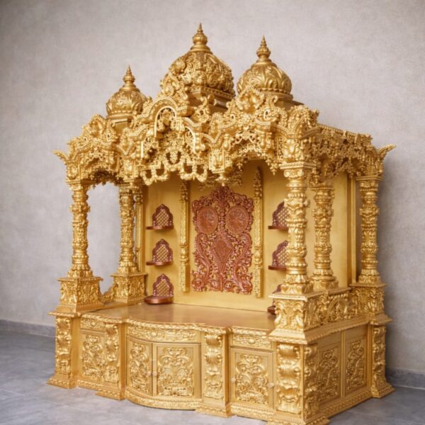 Wooden Mandir Design in Antique Gold