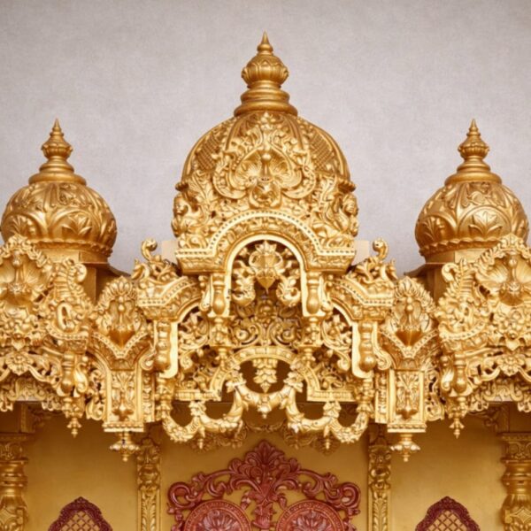 Wooden Mandir Design in Antique Gold