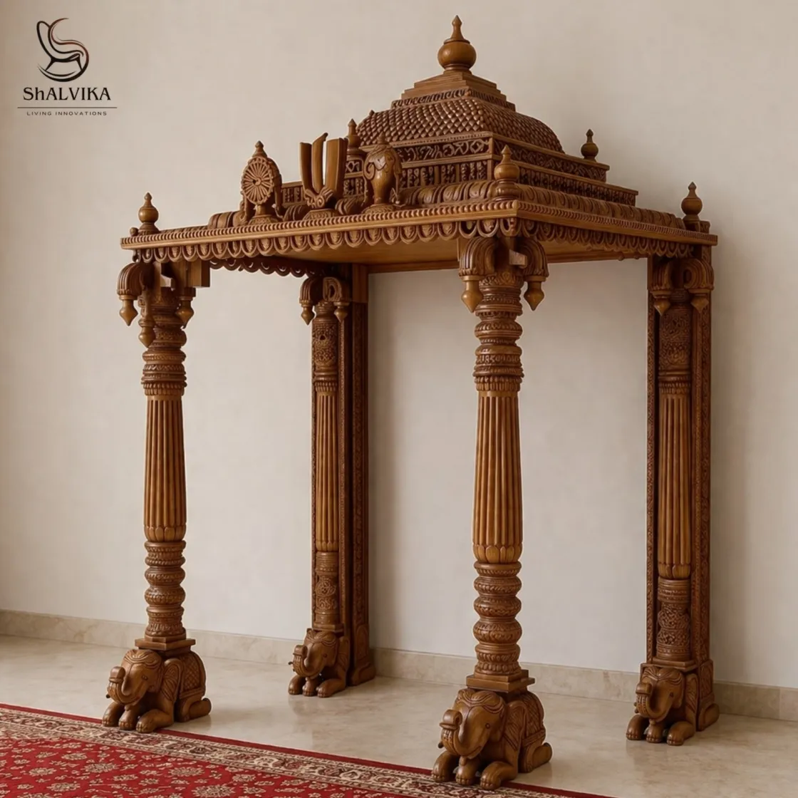Wooden Pooja Mandir with Gopuram for South Indian Home