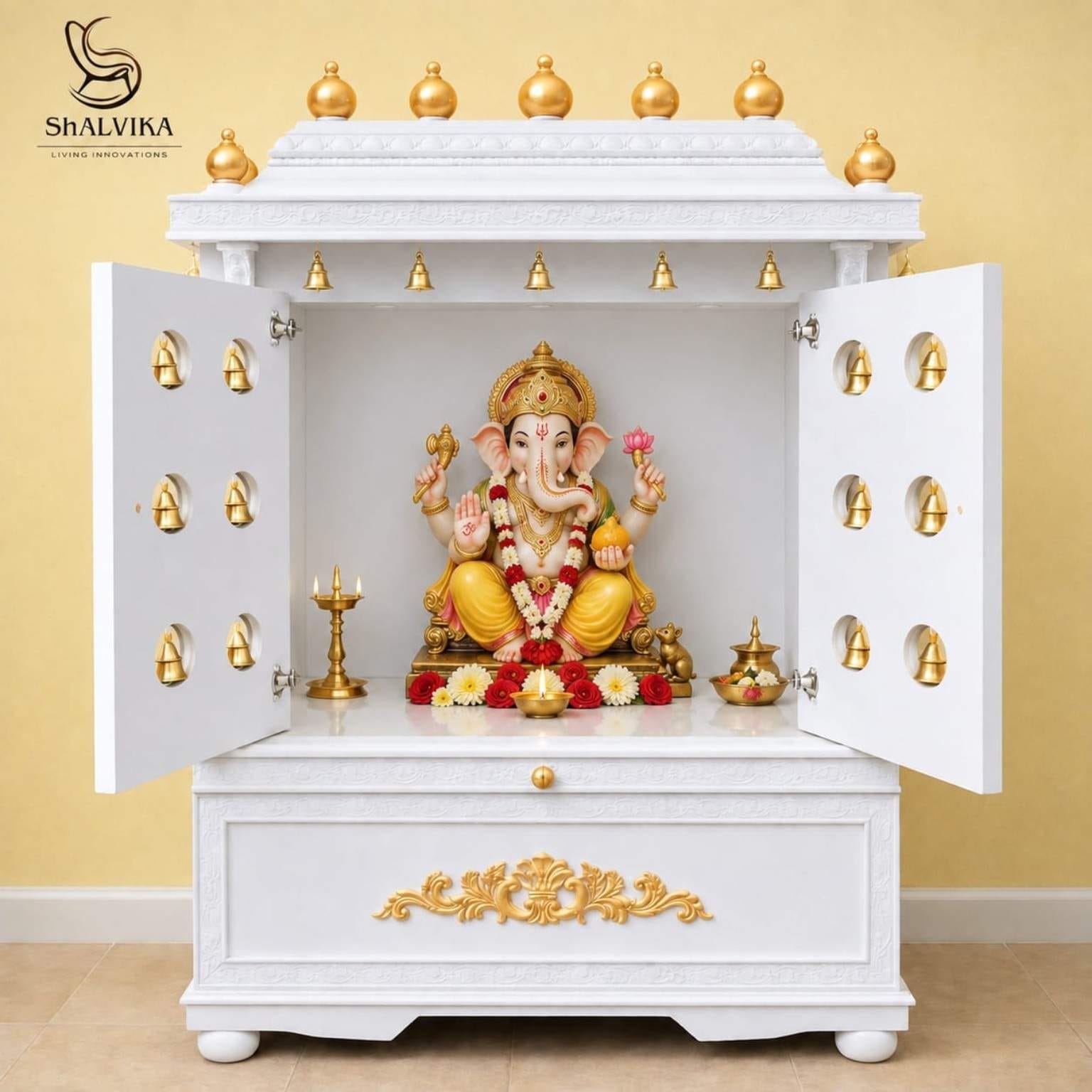 Handcrafted White Wooden Home Mandir with Decorative Bells