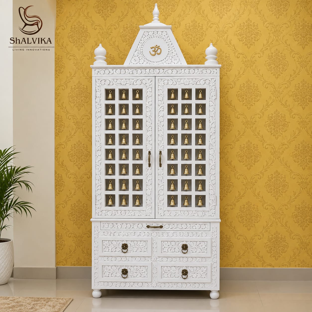 Designer Wooden Mandir with Beautiful Carving and Bells