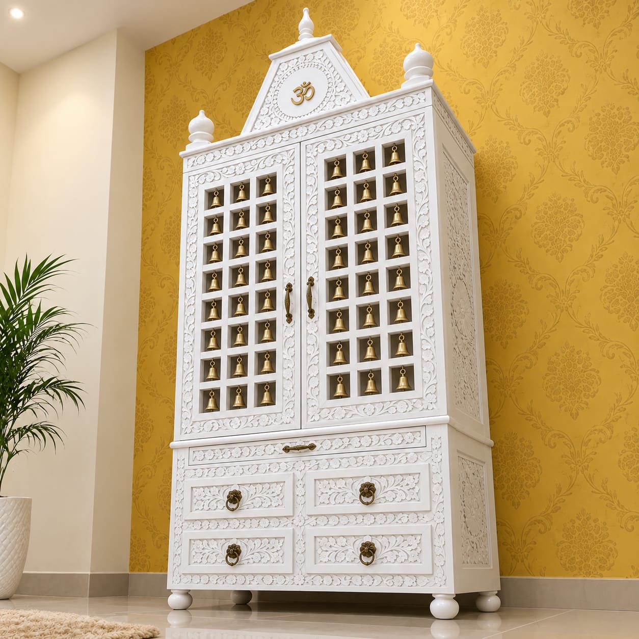 Designer Wooden Mandir with Beautiful Carving and Bells